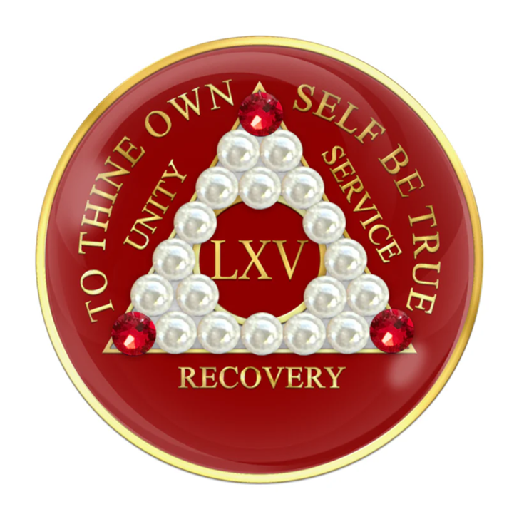 Alcoholics Anonymous (AA) Anniversary Coin – Red CZ Pearl Sobriety Medallion Gift