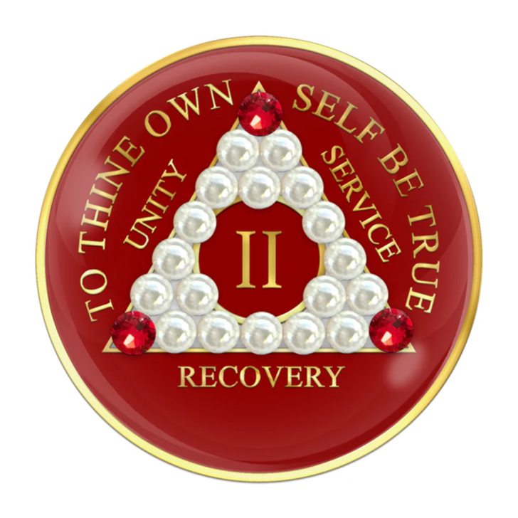 Alcoholics Anonymous (AA) Anniversary Coin – Red CZ Pearl Sobriety Medallion Gift