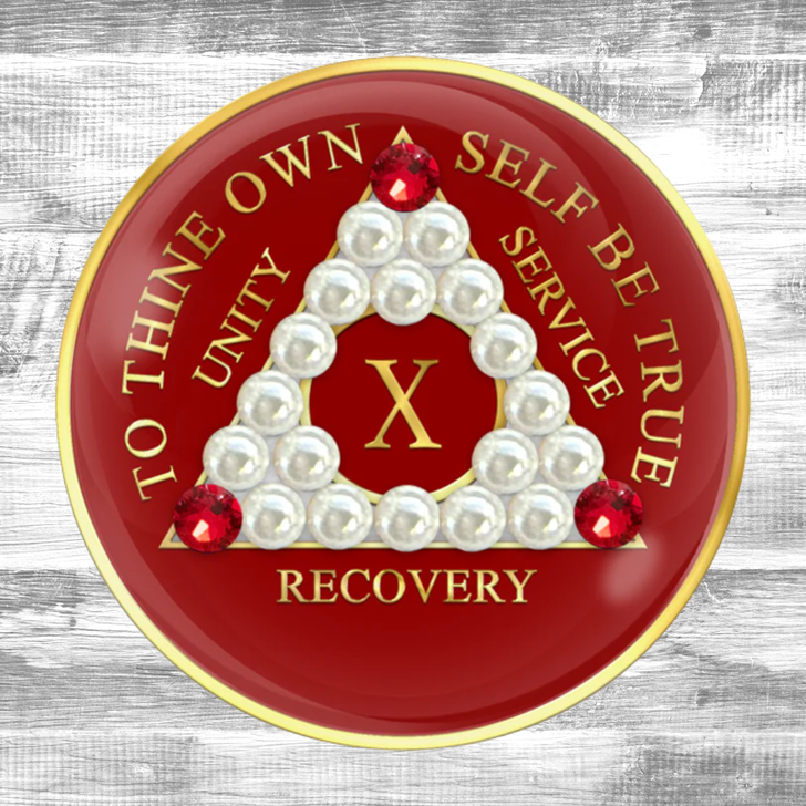 Alcoholics Anonymous (AA) Anniversary Coin – Red CZ Pearl Sobriety Medallion Gift