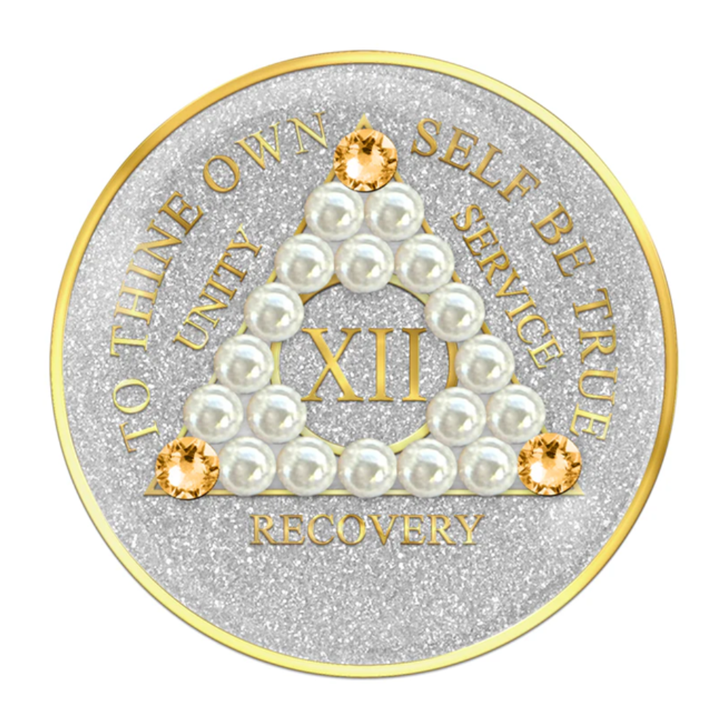 Alcoholics Anonymous (AA) Anniversary Coin – Silver Glitter Gold Crystal Pearl Sobriety Medallion Gift