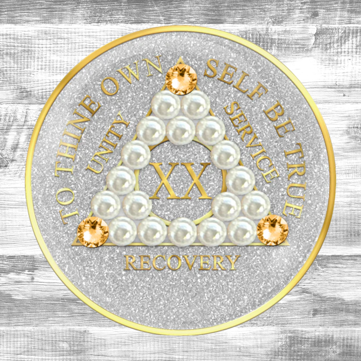 Alcoholics Anonymous (AA) Anniversary Coin – Silver Glitter Gold Crystal Pearl Sobriety Medallion Gift