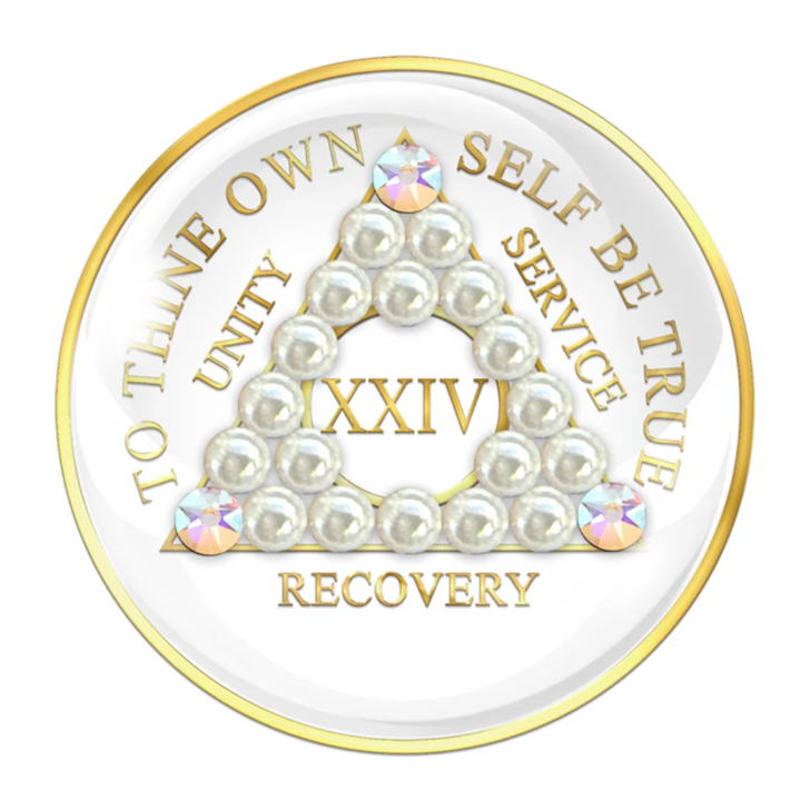 AA White CZ Crystal Pearl Sobriety Anniversary Coin