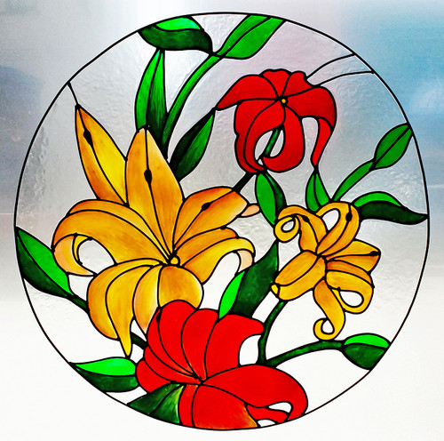 Faux Stained Glass Lilies Round Window Film | Colorful Impressions