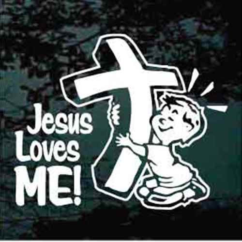 Jesus Loves Me Boy Hugging Christian Cross Decals