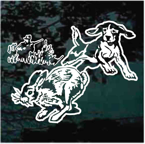 Beagle Chasing Rabbit With Hunter  car window decals stickers