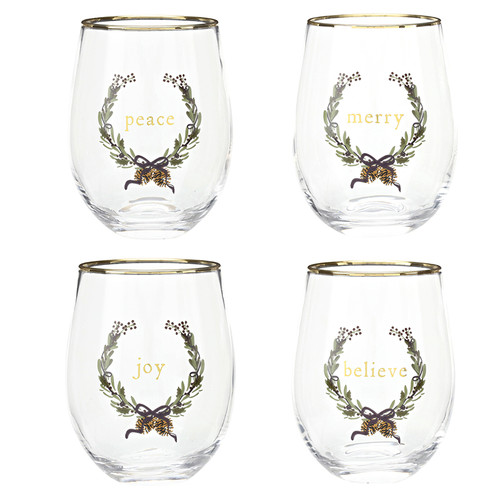 Gold Foil Stemless Wine Glass Gift Box - Lavender Bow - Set of 4