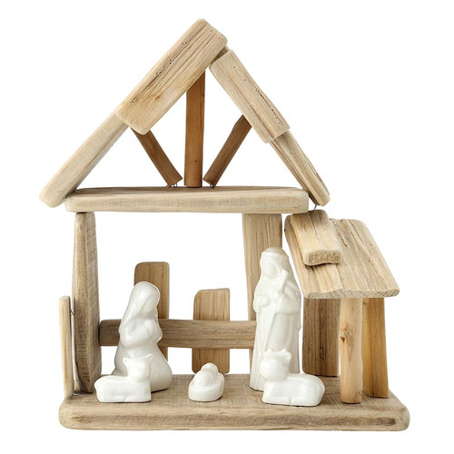Ceramic And Driftwood Nativity
