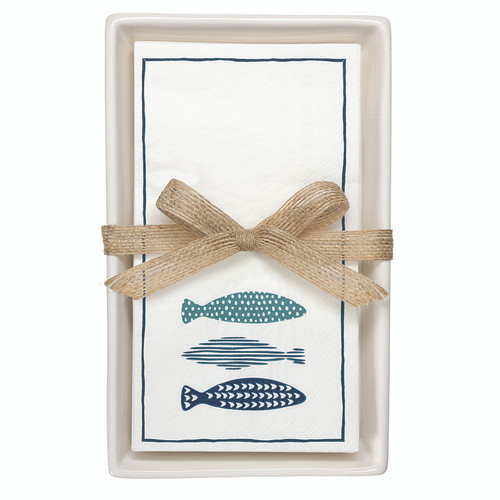 Ceramic Guest Napkin Tray + Napkins - Fishes