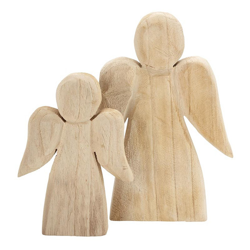 Natural Carved Wood Angel - Set of 2