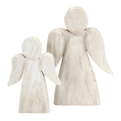 White Carved Wood Angel - Set of 2