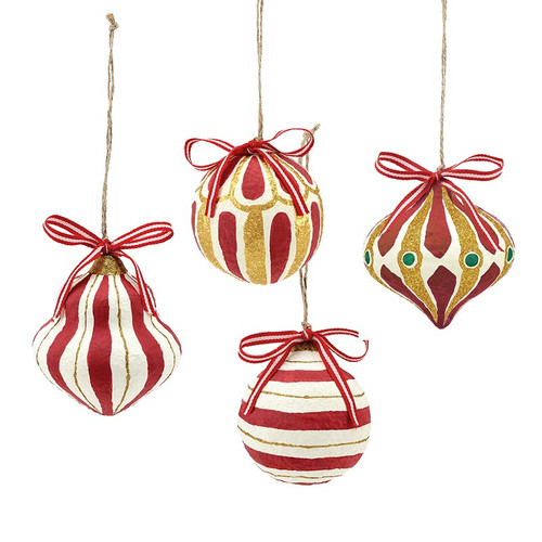 Paper-Mache Ornaments - Red - Set of 4