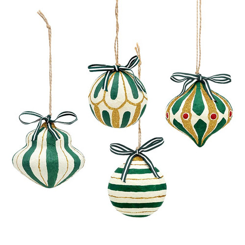 Paper-Mache Ornaments - Green - Set of 4