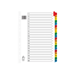 Index Dividers 1-20 A4 Multi Colour Numbered Tabs White