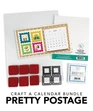Handmade 2027 landscape table tent calendar featuring four colorful Pretty Postage designs beside a square tear-off calendar.