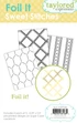 Taylored Expressions Foil It - Sweet Stitches packaging featuring three geometric stitched patterns designed for adding metallic foil to handmade cards.
