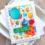 Handmade greeting card with balloons on it and may all your wishes come true sentiment on it.