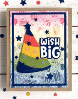 Handmade greeting card with party hat on it and wish big sentiment on it.