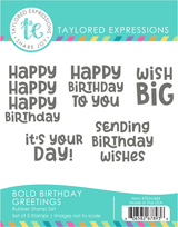 Graphic of Bold Birthday Greetings Stamp Set which includes rubber stamps for papercrafting.