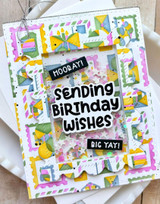 Handmade greeting card with birthday envelopes on it and sending birthday wishes sentiment on it.