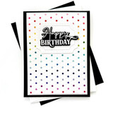 Handmade greeting card with dots on it and happy birthday sentiment on it.