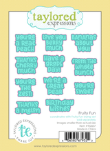 Graphic of Fruity Fun Dies which includes sentiments for papercrafting.