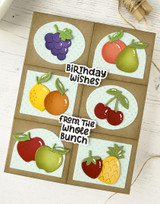 Handmade greeting card with fruit on it and birthday wishes from the whole bunch sentiment on it.