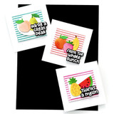 Three handmade greeting tags with fruit and fruit sentiments on each.