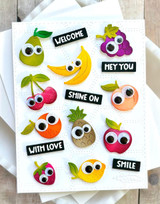 Handmade greeting card with fruits on it and various sentiments on it.