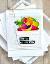 Handmade greeting card with fruit basket on it and for you, get well soon sentiment on it.