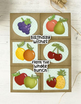 Handmade greeting card with fruits on it and birthday wishes from the whole bunch sentiment on it.