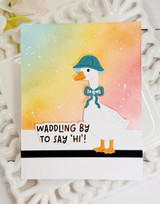 Handmade greeting card with goose on it and waddling by to say hi sentiment on it.