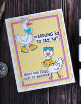 Handmade greeting card with geese on it and waddling by to say hi from one silly goose to another sentiment on it.
