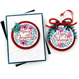 Handmade greeting card and ornament with Merry Christmas and Happy Holdiays sentiments on each.