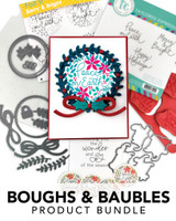 Graphic of Boughs & Baubles Bundle which includes stamps, dies, insiders, and stickers for papercrafting.