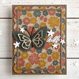 Handmade greeting card with flowers on it and a butterfly with hello sentiment on it.