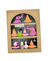 Handmade greeting card with witches hats, frogs, and potions on it and hey, ghoul sentiment on it.