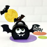 Handmade gift box that looks like a bat with boo sentiment on it.