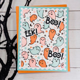 Handmade greeting card with ghosts on it and eek and boo sentiment on it.