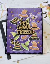 Handmade greeting card with witches hats on it and hey, ghoul friend sentiment on it.