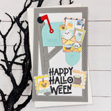 Handmade greeting card with mailbox on it and happy halloween sentiment on it.