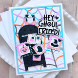 Handmade greeting card with halloween postage on it and hey, ghoul friend sentiment on it.