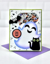 Handmade greeting card with ghost on it and cat with hey, boo sentiment on it.