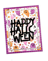 Handmade greeting card with ghosts on it and happy halloween sentiment on it.