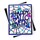Handmade greeting card with spiderweb on it and happy halloween sentiment on it.