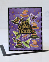 Handmade greeting card with witches hat on it and hey, ghoul friend sentiment on it.