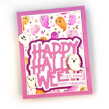 Handmade greeting card with ghosts on it and happy halloween, hey, ghoul happy haunting sentiment on it.