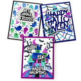 Three handmade greeting cards with ghosts, spiderwebs, and haunted house on it and various halloween sentiments on each.