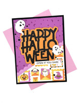 Handmade greeting card with ghosts on it and happy halloween, open if you dare sentiments on it.