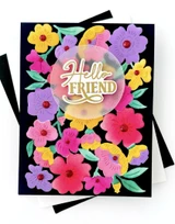 Handmade greeting card with flowers on it and hello friend sentiment on it.