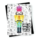 Handmade greeting card with nutcracker on it and holly jolly hello sentiment on it.